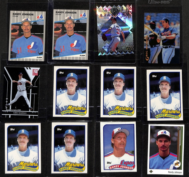 Lot of (21) Greg Maddux & Randy Johnson Mostly Rookie & Insert Cards w. (3) 1987 Fleer Update Greg Maddux Rookie, 1987 Donruss Greg Maddux Rookie, (2) 1989 Fleer Randy Johnson Rookie, +